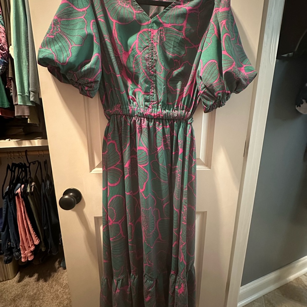 Blue and Pink Buttoned Sundress with Puff Sleeves